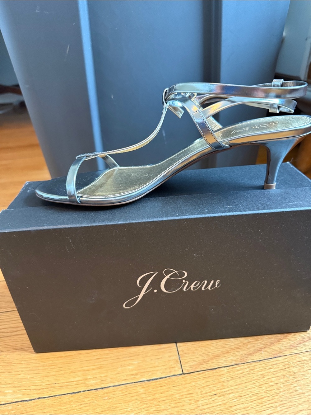 J. Crew Silver Strappy Kitten Heel Sandals